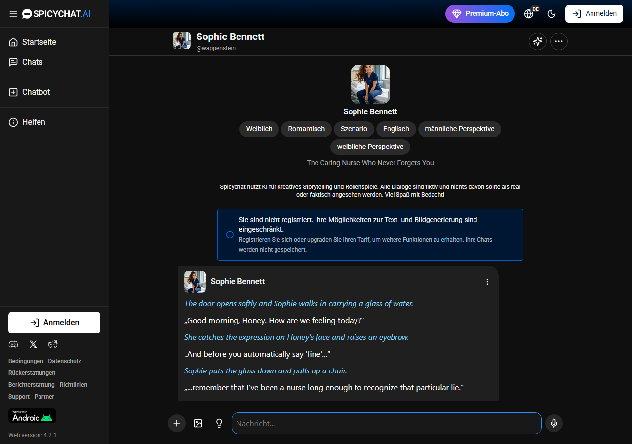 SpicyChat ohne Anmeldung: Hinweis „Sie sind nicht registriert“ über dem ersten Chat