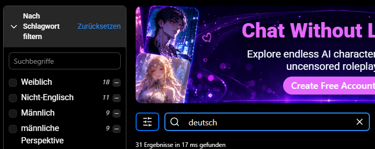 SpicyChat Suche nach deutschen Figuren mit Schlagwortfilter Nicht-Englisch